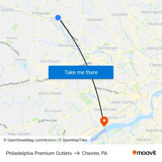 Philadelphia Premium Outlets to Chester, PA map