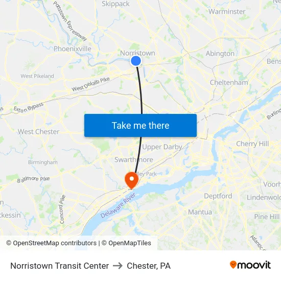 Norristown Transit Center to Chester, PA map