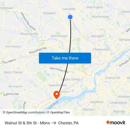 Walnut St & 5th St - Mbns to Chester, PA map