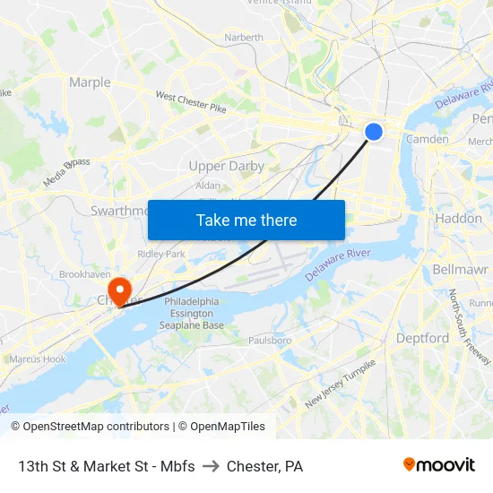 13th St & Market St - Mbfs to Chester, PA map