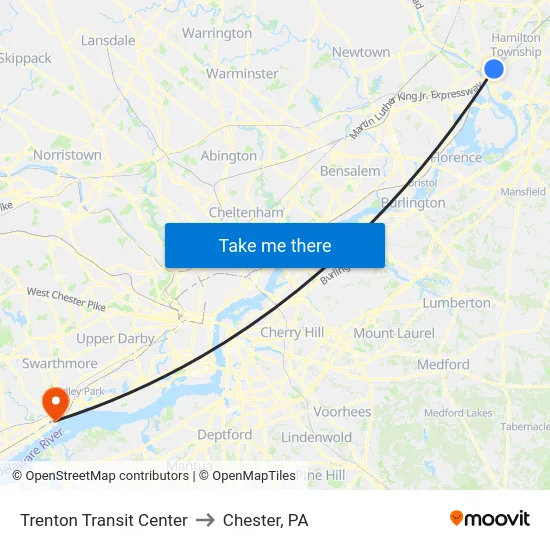 Trenton Transit Center to Chester, PA map