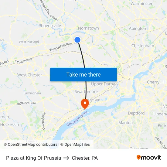 Plaza at King Of Prussia to Chester, PA map