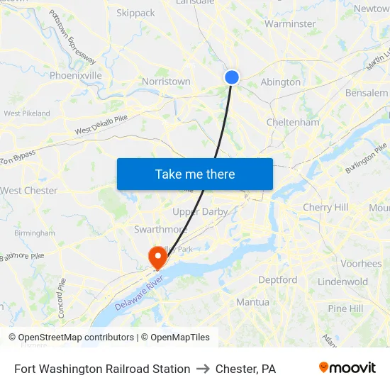 Fort Washington Railroad Station to Chester, PA map
