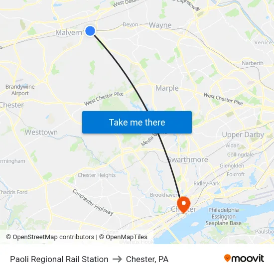 Paoli Regional Rail Station to Chester, PA map