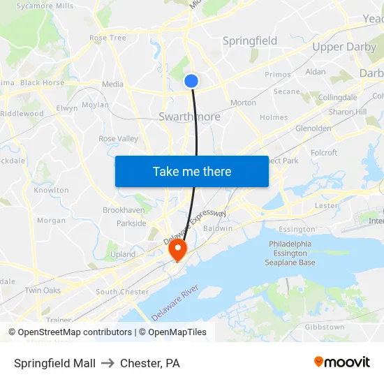 Springfield Mall to Chester, PA map