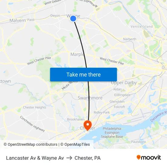 Lancaster Av & Wayne Av to Chester, PA map