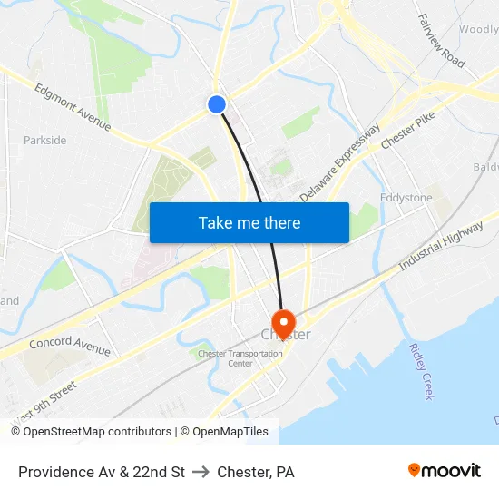 Providence Av & 22nd St to Chester, PA map