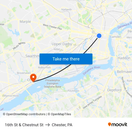 16th St & Chestnut St to Chester, PA map