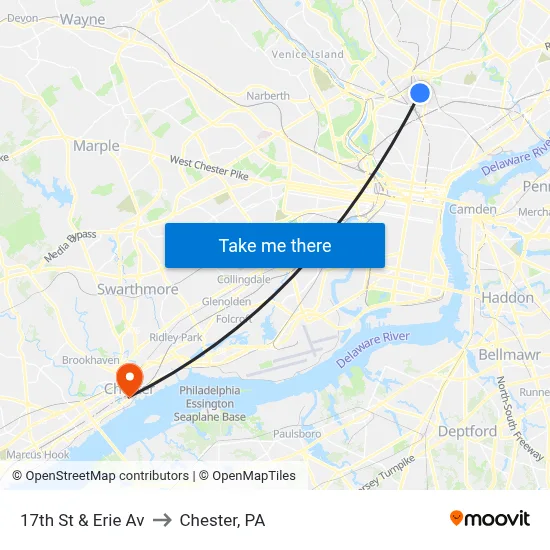 17th St & Erie Av to Chester, PA map