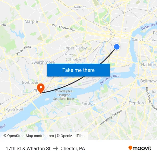 17th St & Wharton St to Chester, PA map