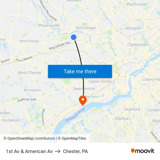 1st Av & American Av to Chester, PA map
