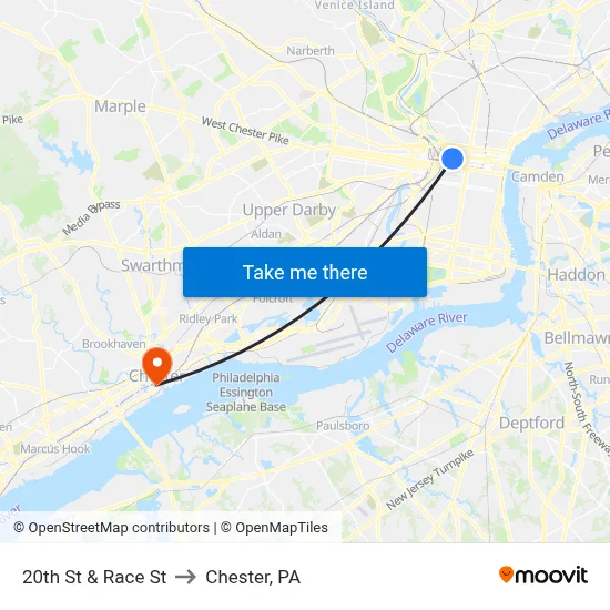 20th St & Race St to Chester, PA map