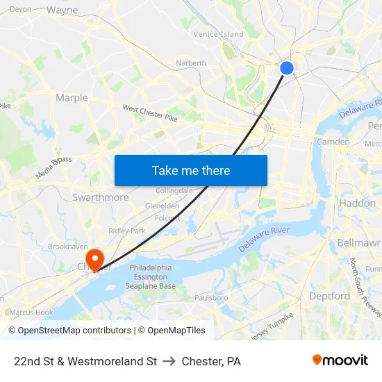 22nd St & Westmoreland St to Chester, PA map