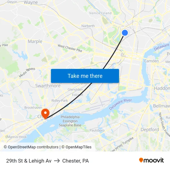 29th St & Lehigh Av to Chester, PA map