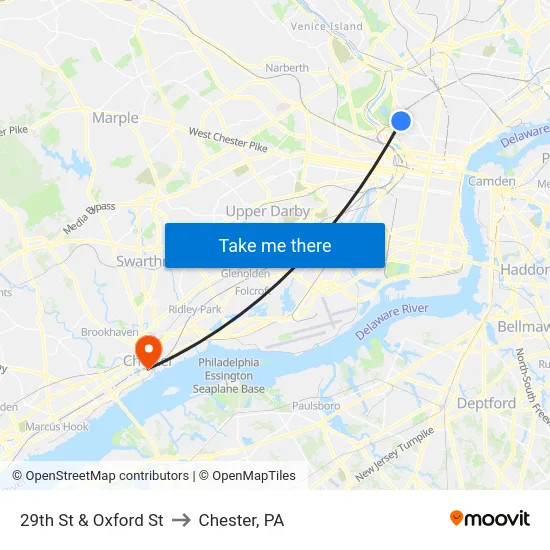 29th St & Oxford St to Chester, PA map