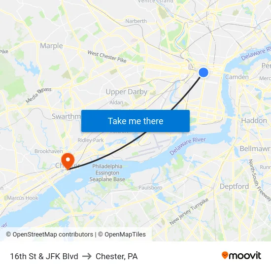 16th St & JFK Blvd to Chester, PA map
