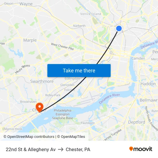 22nd St & Allegheny Av to Chester, PA map