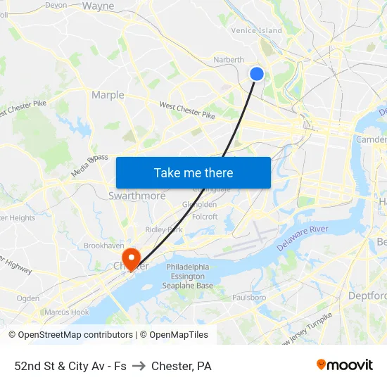 52nd St & City Av - Fs to Chester, PA map
