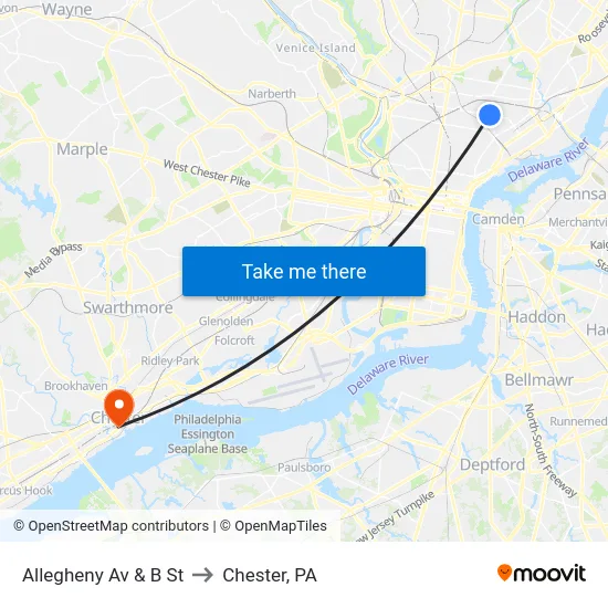 Allegheny Av & B St to Chester, PA map