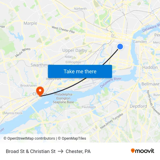 Broad St & Christian St to Chester, PA map