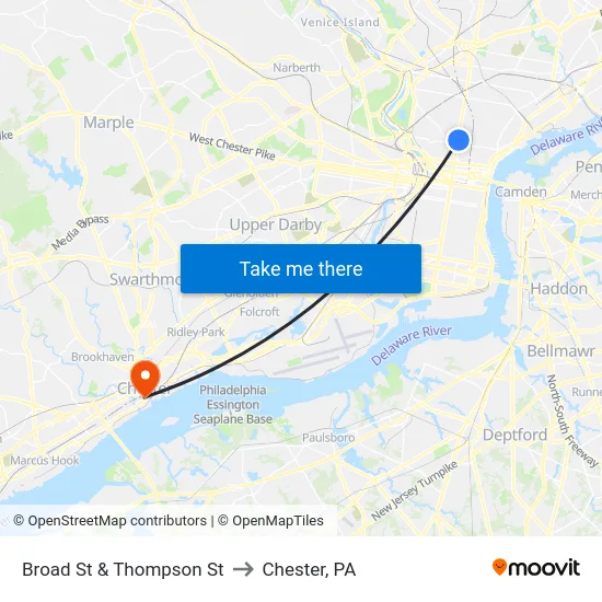 Broad St & Thompson St to Chester, PA map