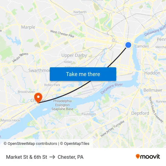 Market St & 6th St to Chester, PA map