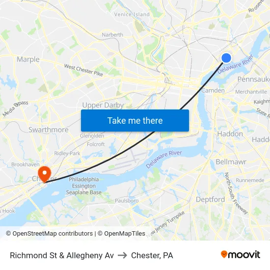 Richmond St & Allegheny Av to Chester, PA map