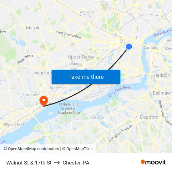 Walnut St & 17th St to Chester, PA map