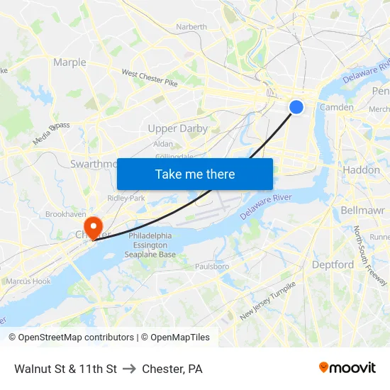 Walnut St & 11th St to Chester, PA map