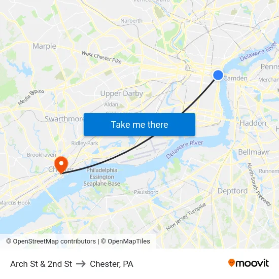 Arch St & 2nd St to Chester, PA map