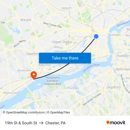 19th St & South St to Chester, PA map