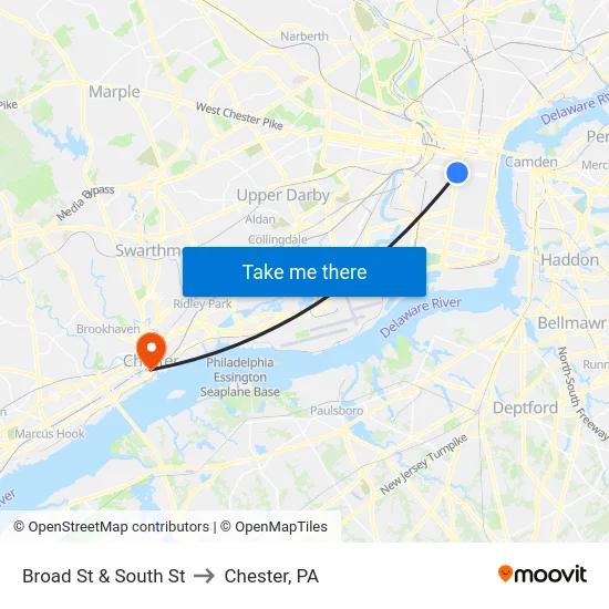 Broad St & South St to Chester, PA map