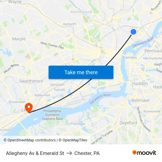 Allegheny Av & Emerald St to Chester, PA map