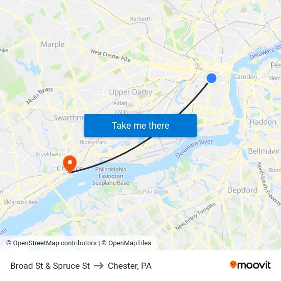 Broad St & Spruce St to Chester, PA map