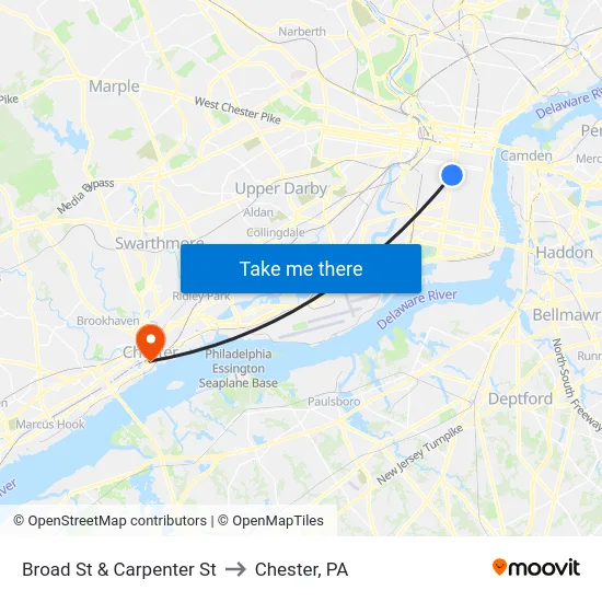 Broad St & Carpenter St to Chester, PA map