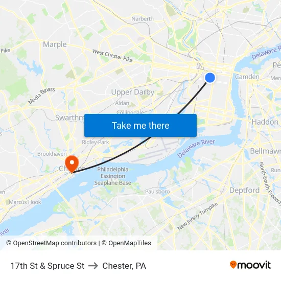 17th St & Spruce St to Chester, PA map