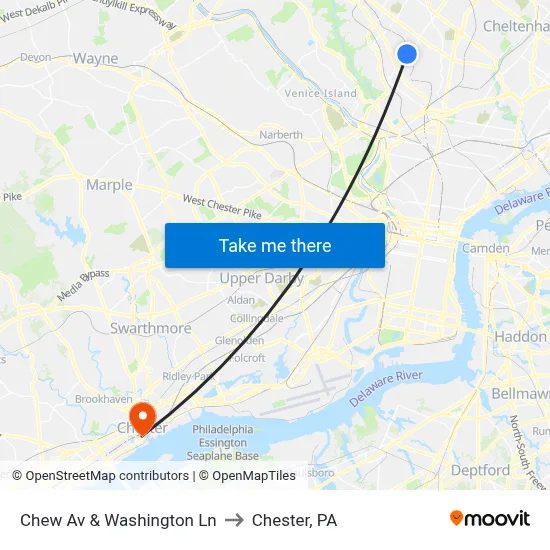 Chew Av & Washington Ln to Chester, PA map
