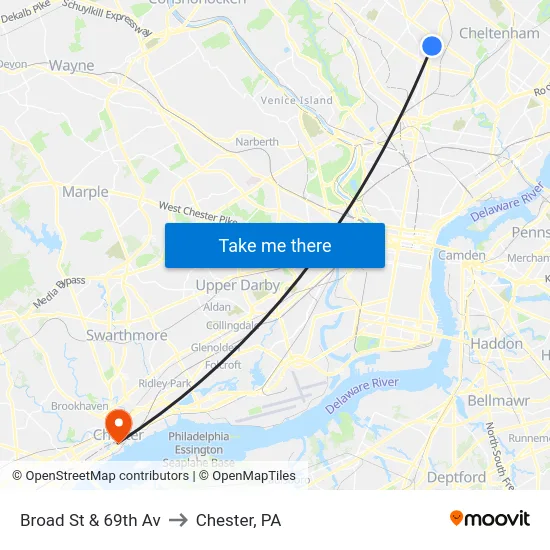 Broad St & 69th Av to Chester, PA map