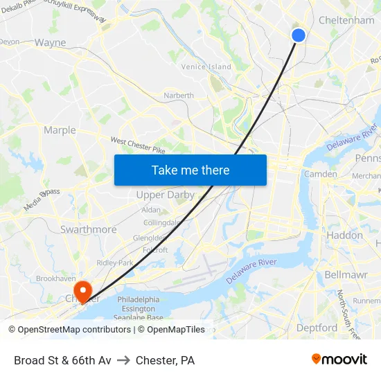 Broad St & 66th Av to Chester, PA map