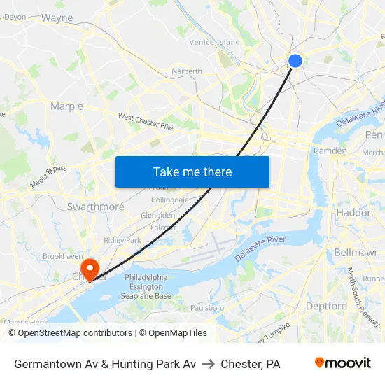 Germantown Av & Hunting Park Av to Chester, PA map