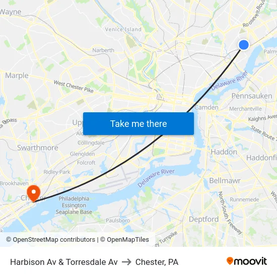 Harbison Av & Torresdale Av to Chester, PA map