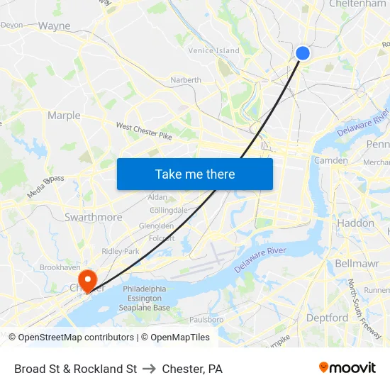 Broad St & Rockland St to Chester, PA map