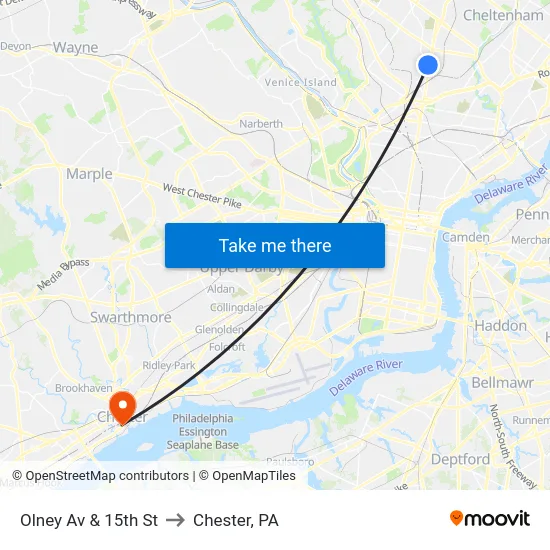 Olney Av & 15th St to Chester, PA map