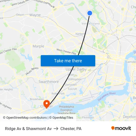 Ridge Av & Shawmont Av to Chester, PA map