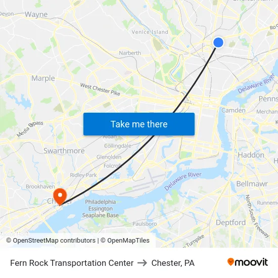 Fern Rock Transportation Center to Chester, PA map