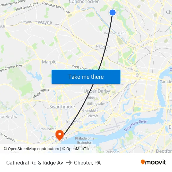 Cathedral Rd & Ridge Av to Chester, PA map