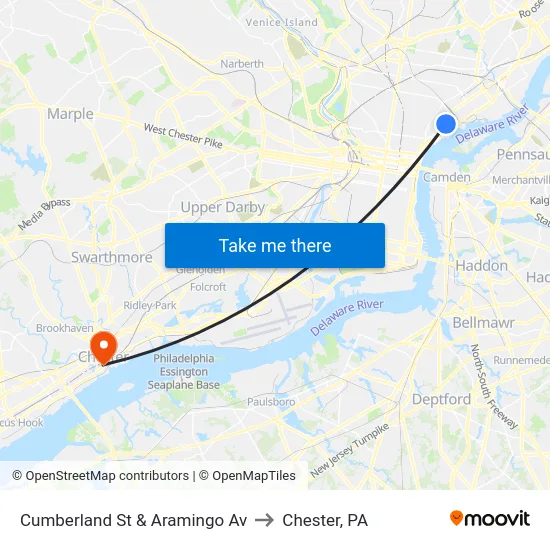 Cumberland St & Aramingo Av to Chester, PA map
