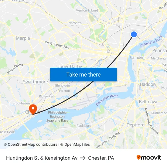 Huntingdon St & Kensington Av to Chester, PA map