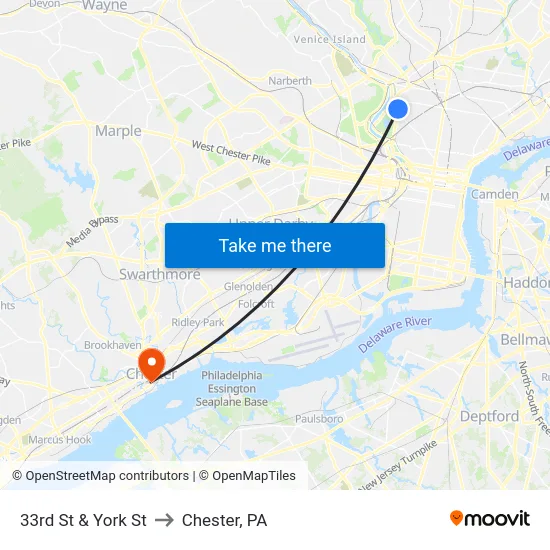 33rd St & York St to Chester, PA map
