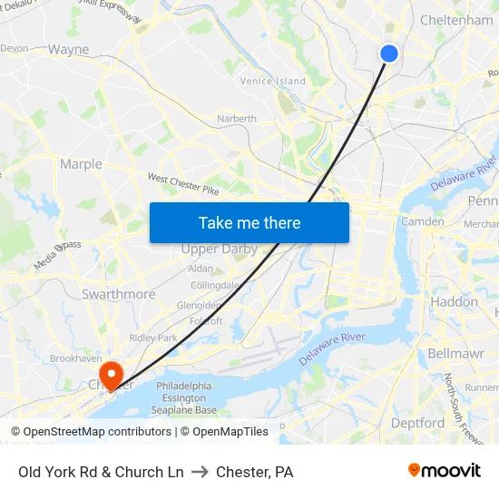 Old York Rd & Church Ln to Chester, PA map